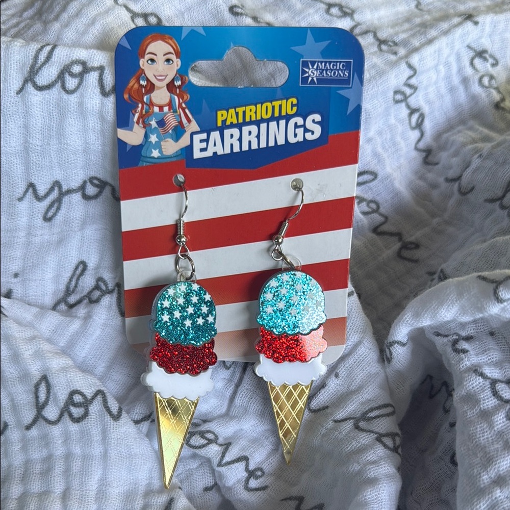 Patriotic Earrings - Red, White, and Blue, glitter ice cream cones